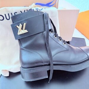 Louis Vuitton Black Leather Combat Boots with LV Gold Accent